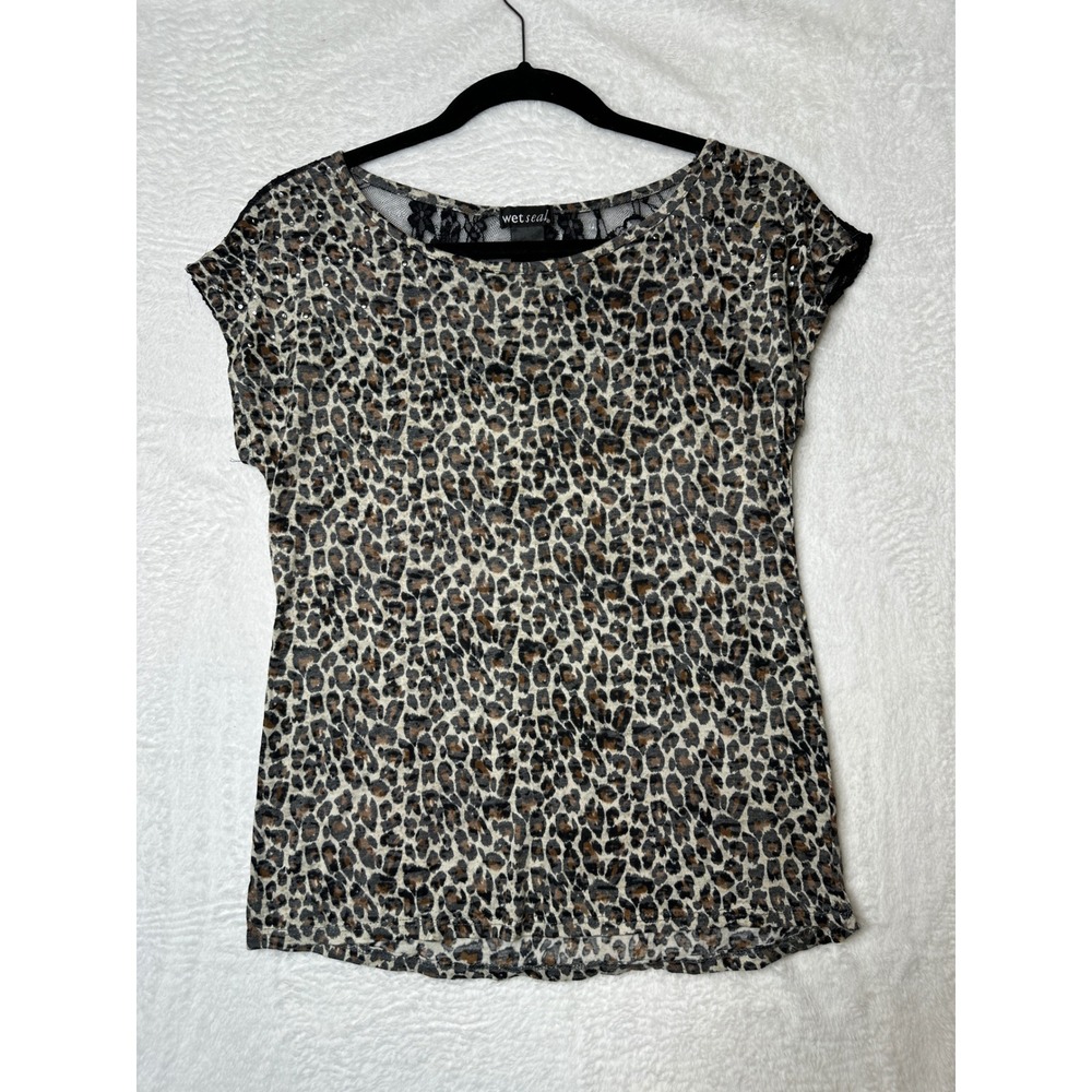 Wet Seal Leopard Print Y2K Top Womens Small Brown Lace Back Rhinestone Blouse